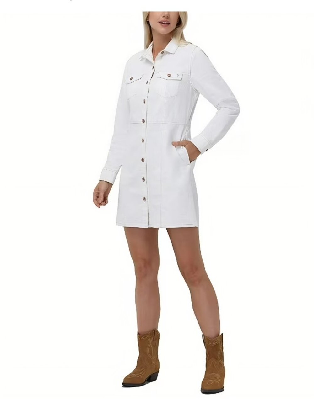 Frye Denim Button Front Long Sleeve Mini Shirt Dress Cotton Size M Cream Western